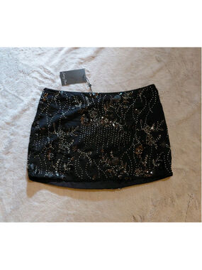 Emory Park Black & Silver Beaded Floral Festival Concert Boho Mini Skirt Med NWT